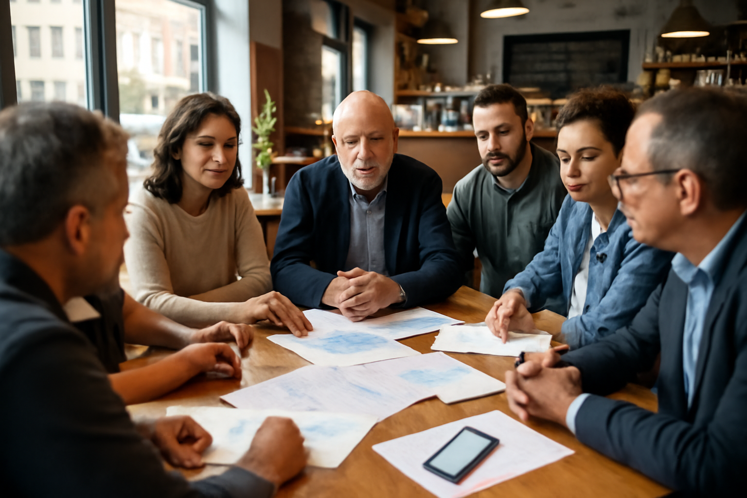 Business improvement association : réunion d’acteurs économiques dans un quartier commerçant, plan de rue et plan d’actions sur table