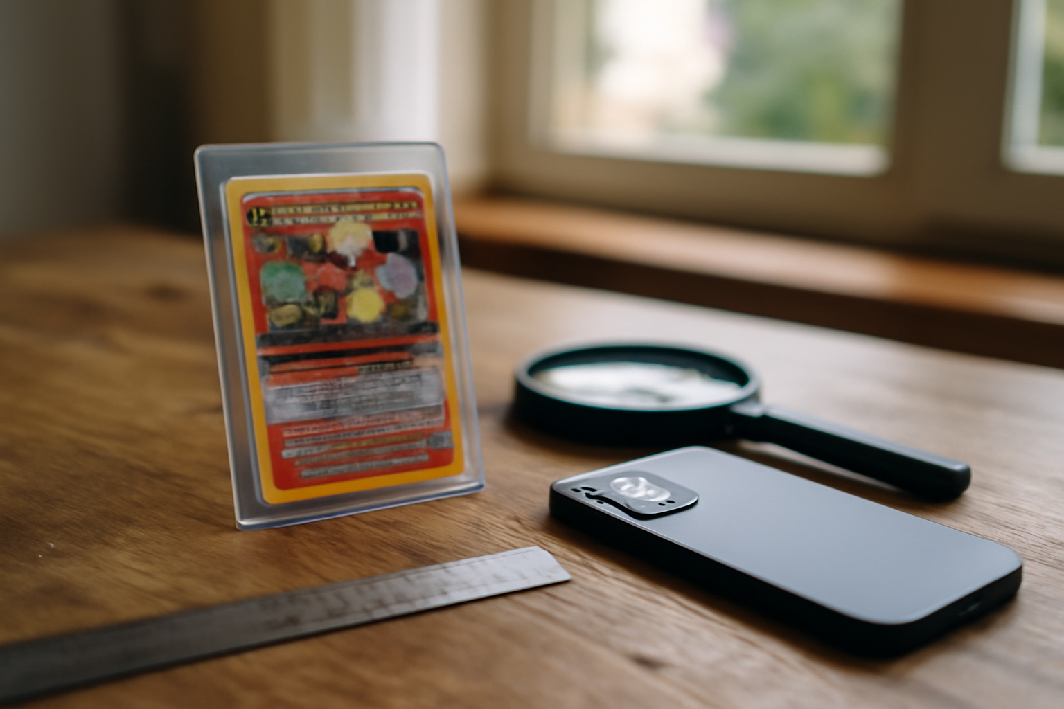 Carte dracaufeu prix : carte holographique Dracaufeu posée sur un bureau avec photos macro et règle de mesure