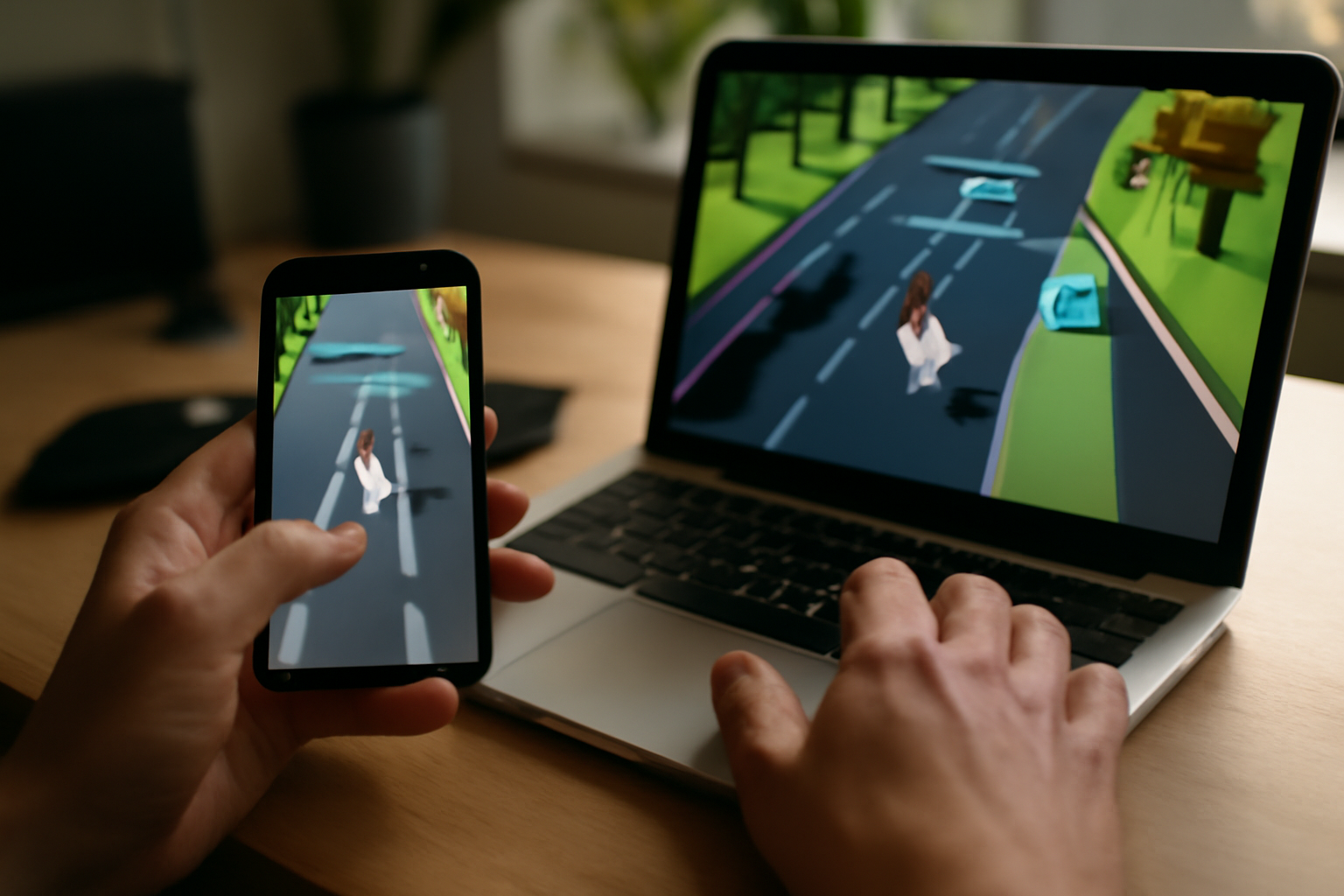 Comparaison démo et jeu complet de chicken road 2 sur smartphone et ordinateur, même séquence