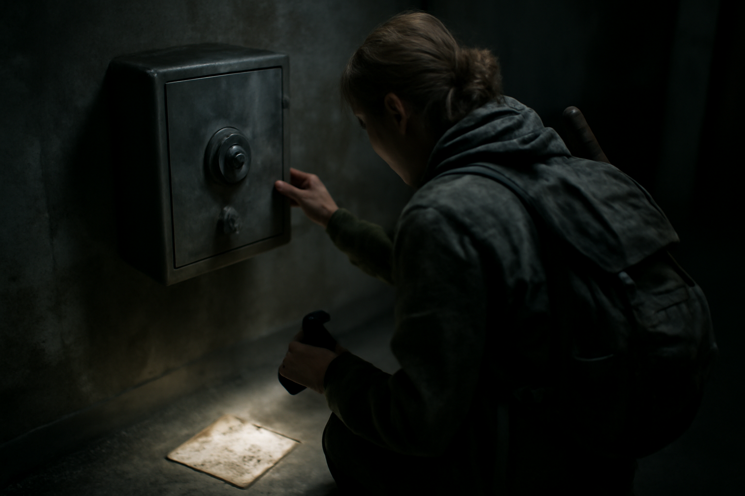 Recherche du code coffre the last of us 2 près d’un coffre à combinaison dans une pièce sombre, documents au sol, lumière de lampe torche