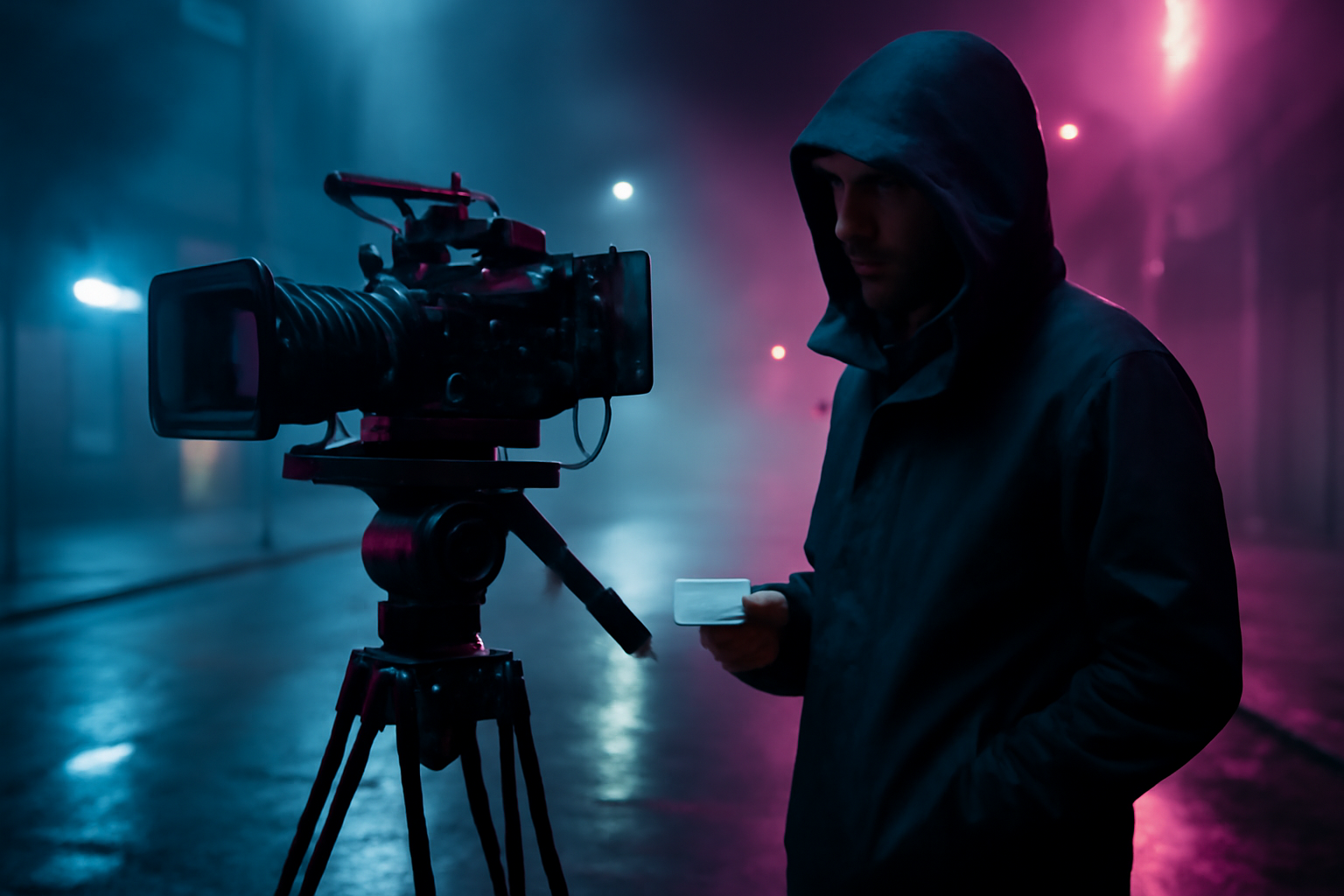 dezgo générateur IA vidéo en ligne : scène photo réaliste de tournage avec caméra sur trépied, lumière néon