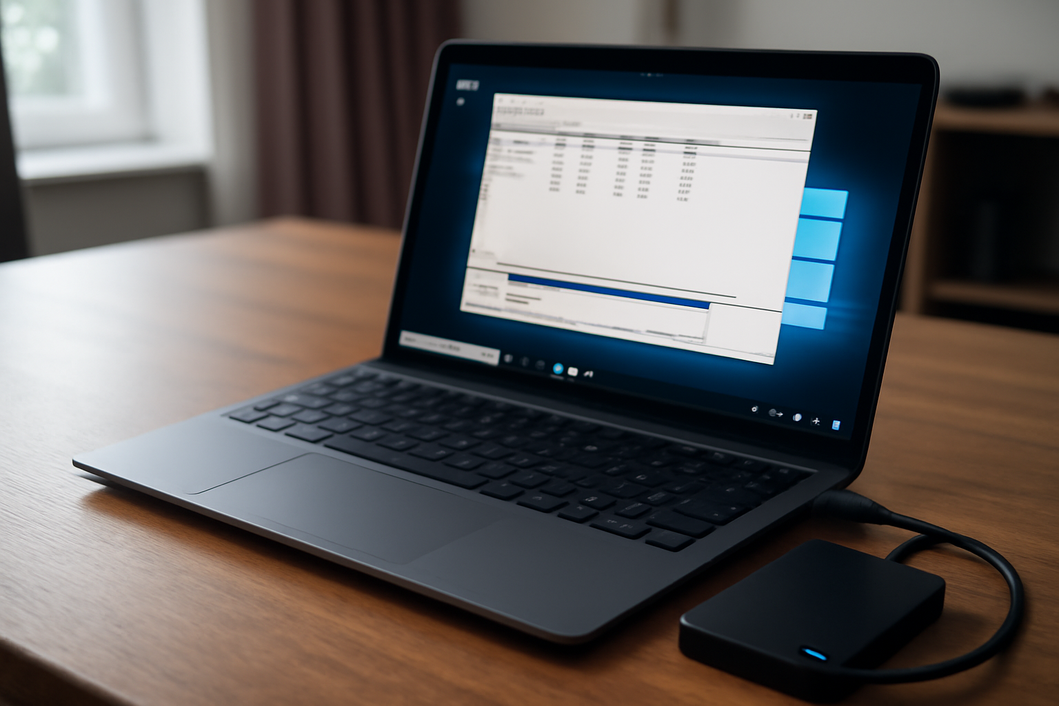 Disque dur externe branché à un PC Windows, icône de périphérique et fenêtre Gestionnaire de disques