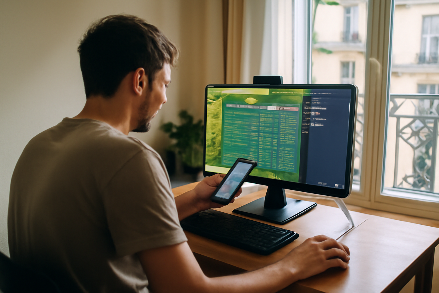 dofus serveurs privés en 2026 : joueur vérifiant la fiche et le Discord sur un écran