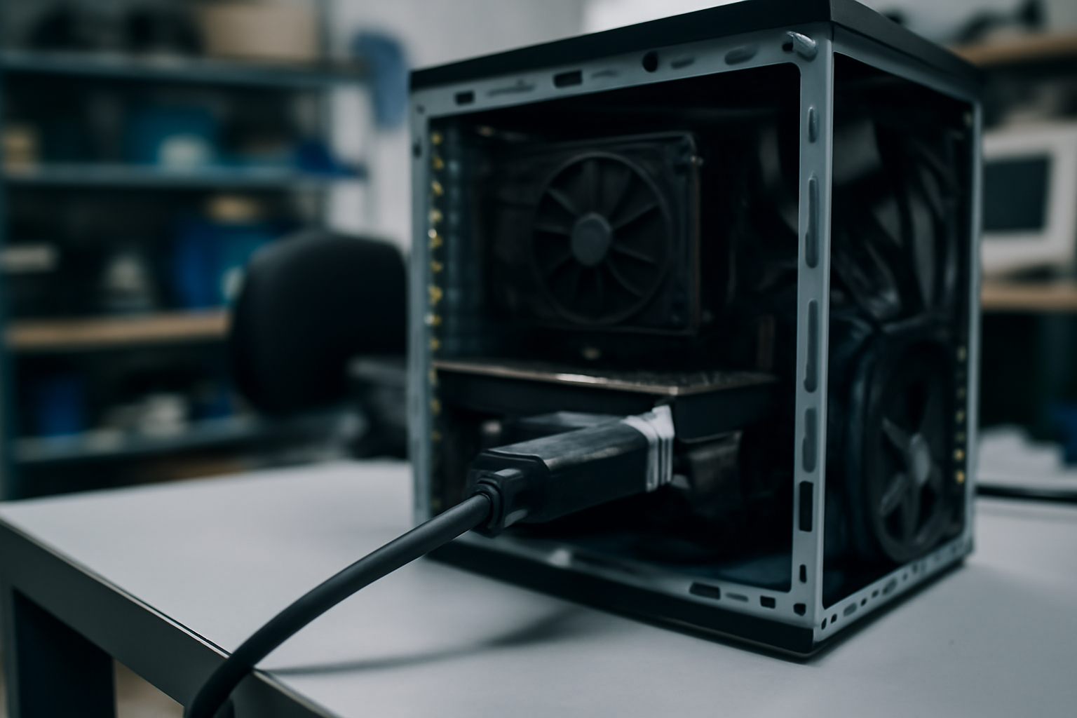 Connecteur DVI sur un ordinateur de bureau, câble vidéo branché, lumière de bureau réaliste