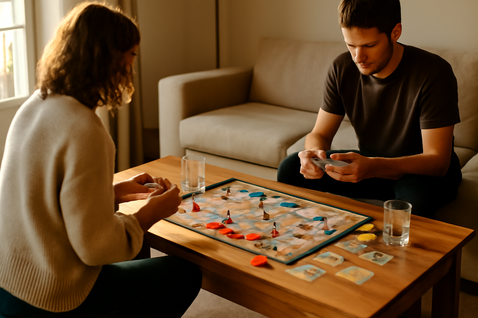 jeux de société à 2 sur une table entre deux personnes, cartes et pions, lumière naturelle
