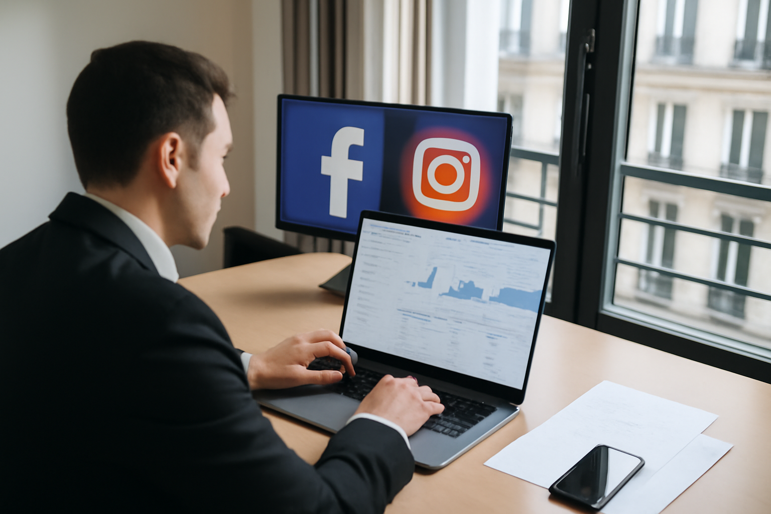 meta ads : une scène réaliste d’un professionnel consultant Ads Manager sur un ordinateur, avec des écrans affichant Facebook et Instagram, lumière naturelle, bureau moderne