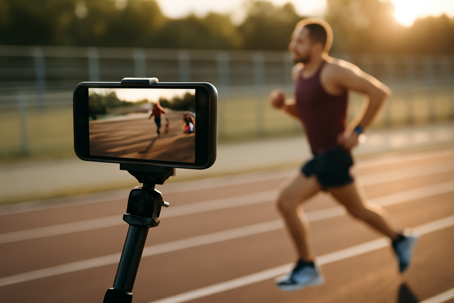 open camera avec vitesse en course sur un circuit, smartphone en stabilisation près de la ligne de départ