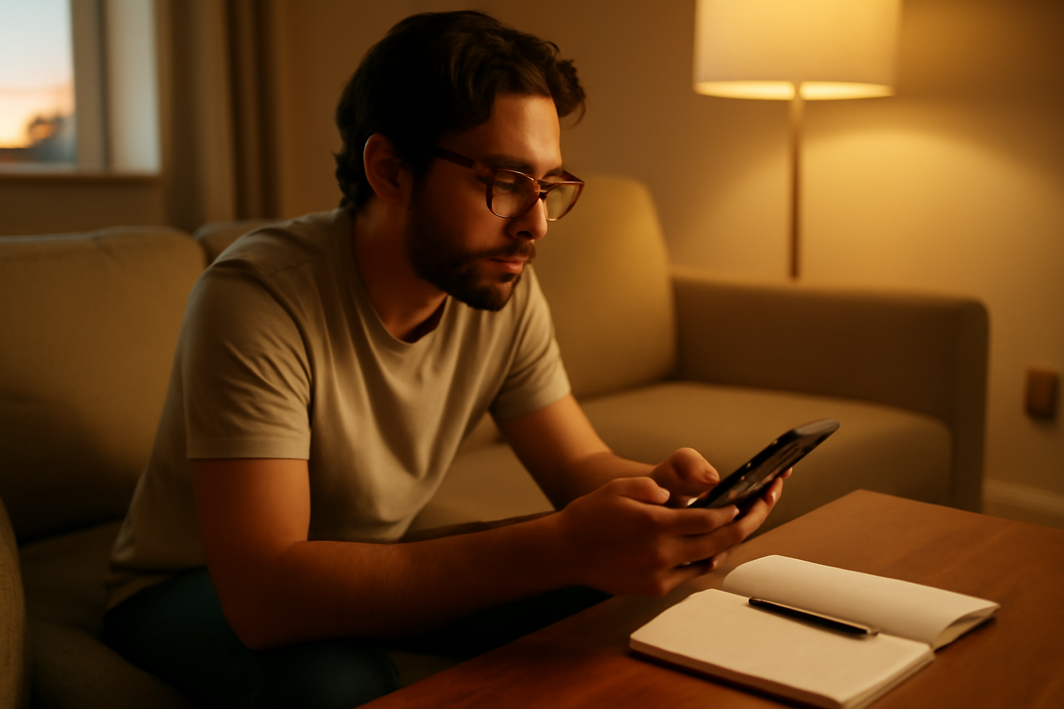 Quand poster sur TikTok en 2026 : personne consultant TikTok sur smartphone le soir dans un salon lumineux