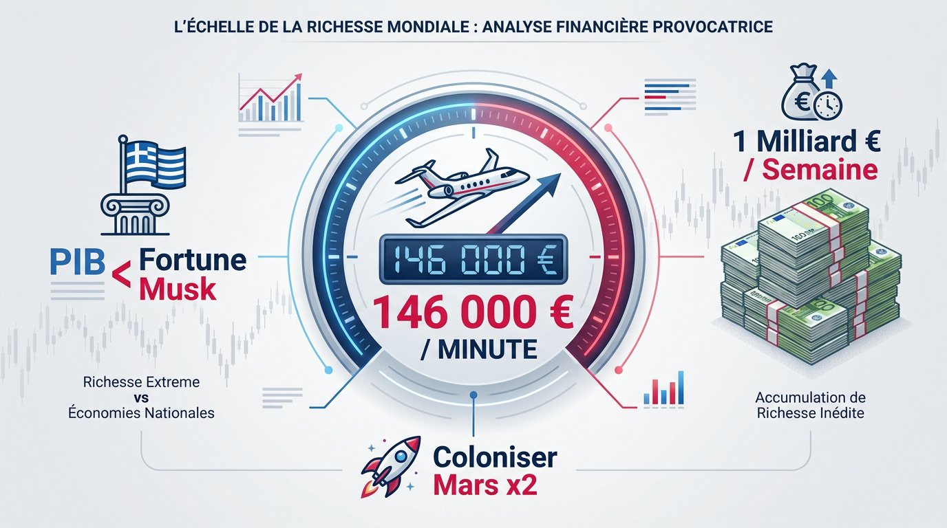 Graphique illustrant l'échelle de la fortune d'Elon Musk comparée aux richesses mondiales