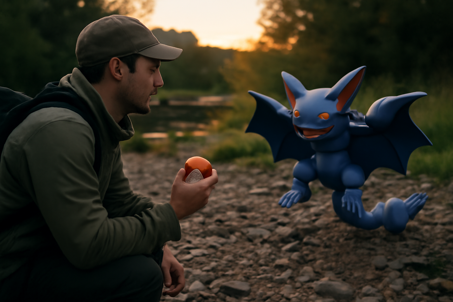 Scorvol (Pokémon Sol/Vol) dans un décor naturel au crépuscule, ambiance réaliste
