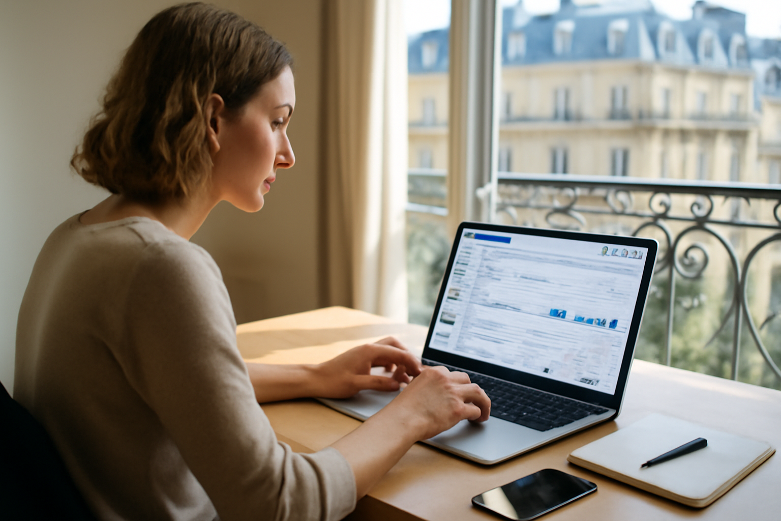Personne consultant TikTok Ads Manager sur un ordinateur portable, interface publicitaire visible, lumière naturelle