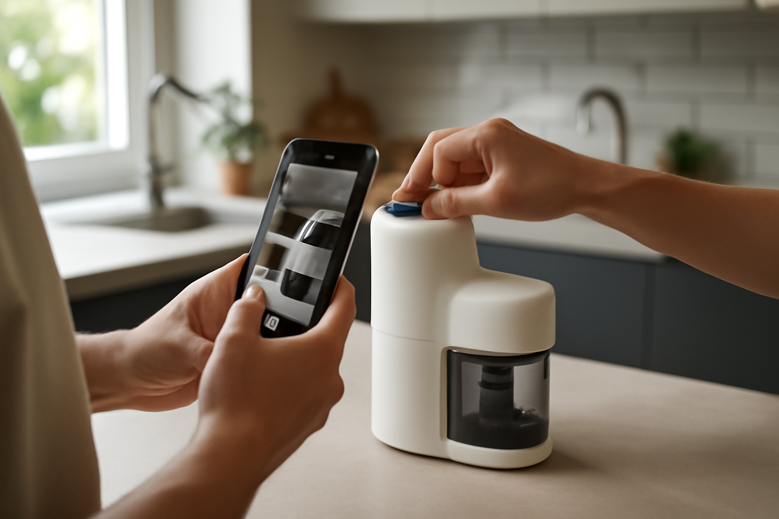 Créateur filmant une démonstration produit pour une vidéo TikTok sur smartphone, lumière naturelle et plan serré