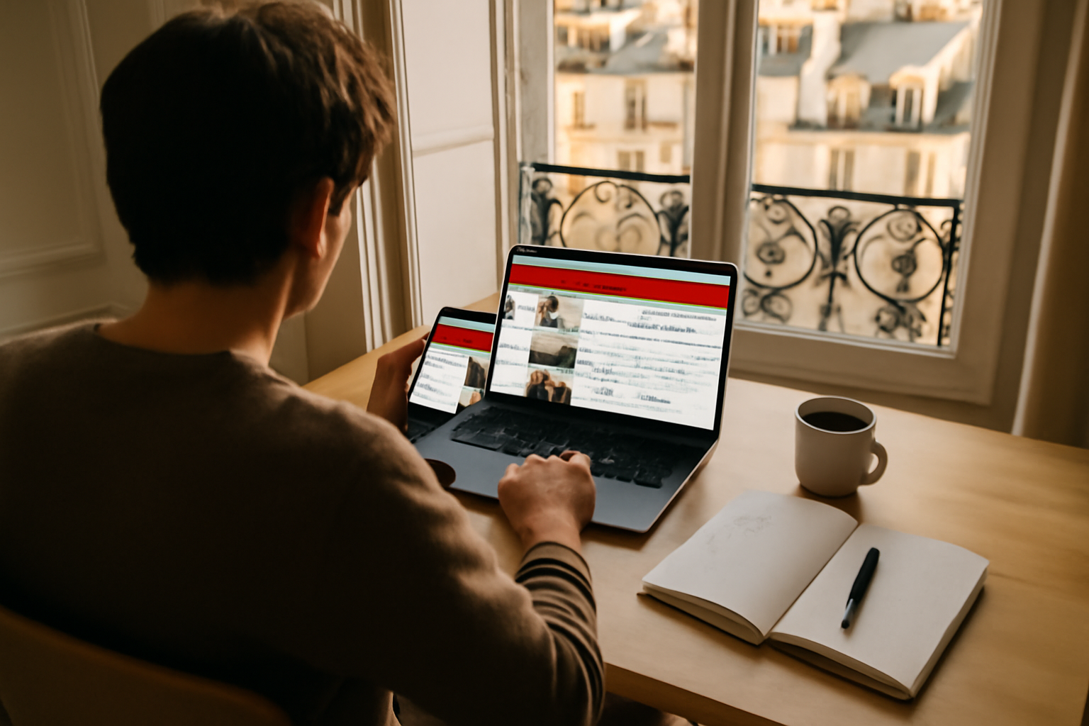 youtubeuse francaise sur un bureau, écran YouTube ouvert, lumière naturelle