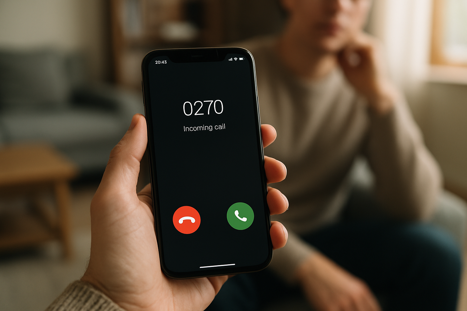 Numéro affiché avec préfixe 0270 sur un smartphone, lumière de fin d’après-midi, main tenant le téléphone