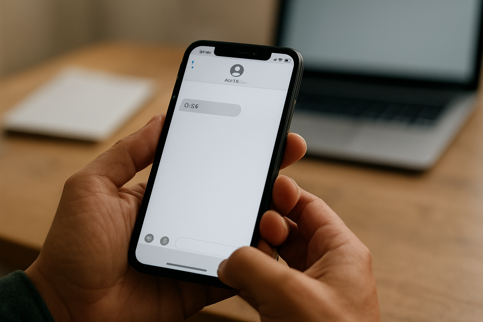 Capture d’écran d’un SMS suspect mentionnant un numéro avec préfixe 0270, main tenant le téléphone