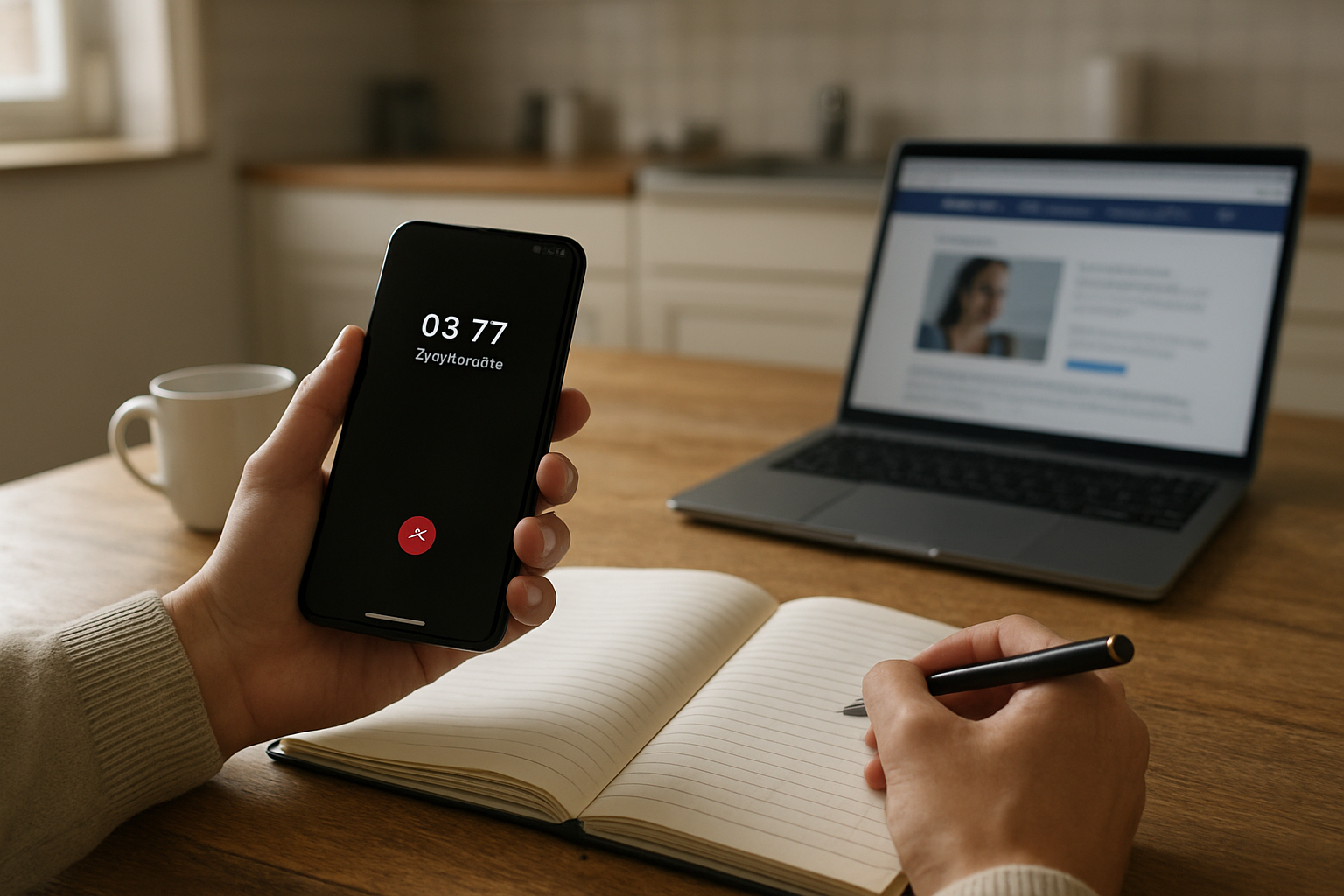 Vérification d’un appel téléphonique : note du numéro 0377 et consultation d’un site officiel sur smartphone