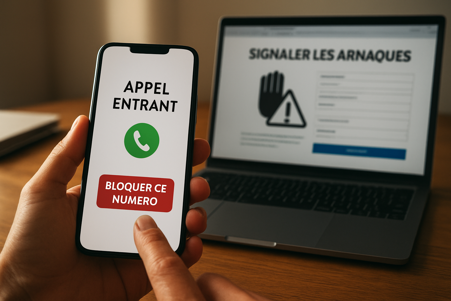 Blocage d’un numéro indésirable : capture d’écran du numéro et notification de signalement depuis un téléphone