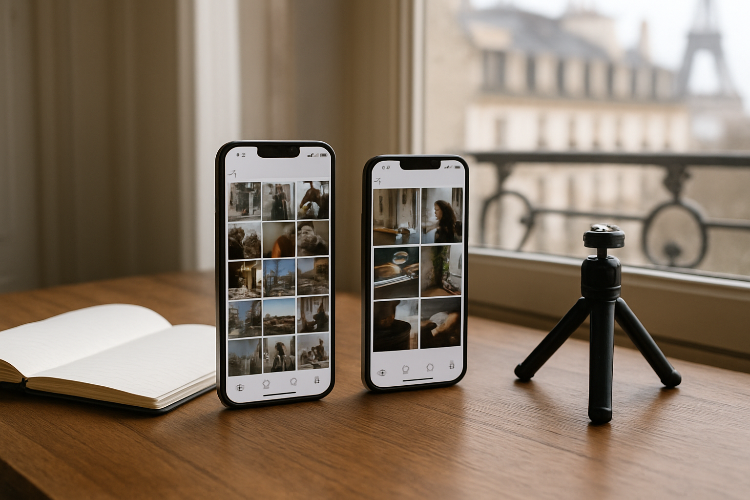 Comparaison iPhone 15 Pro Max et iPhone 15 Pro sur une table, écran affichant des photos