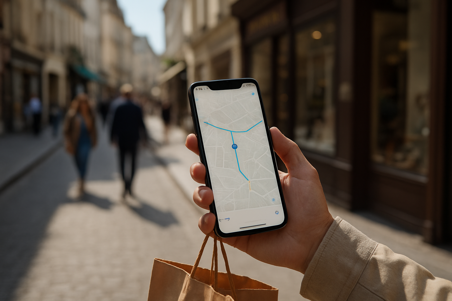 Un iPhone 15 Pro Max en extérieur en mode 5G, navigation et prise de notes