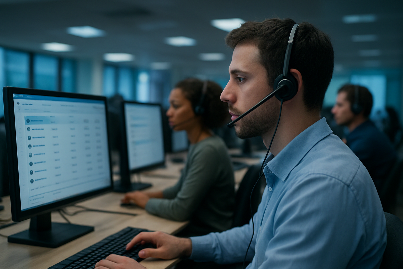 centre d’appel en France avec opérateurs au téléphone et écrans d’identification