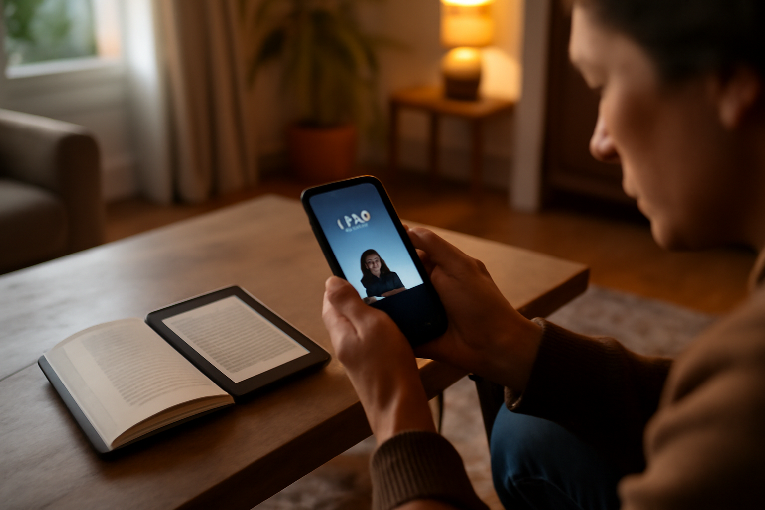 abonnement kindle sur smartphone et liseuse dans un salon lumineux