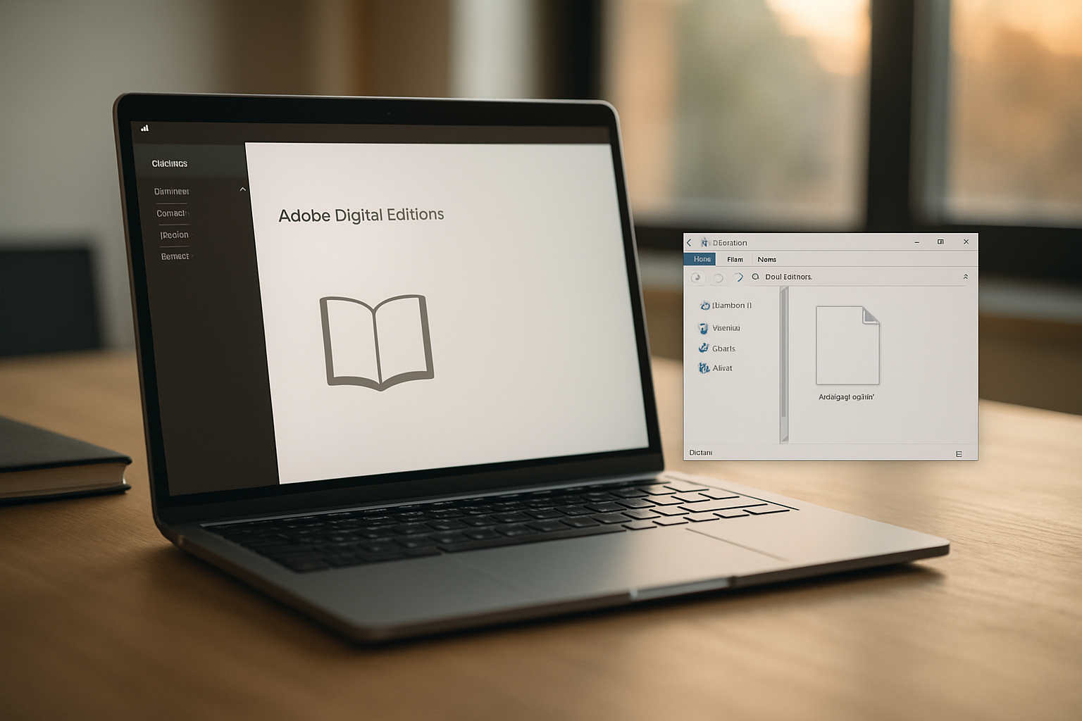 Fichier ACSM sur un écran d’ordinateur à côté de l’interface Adobe Digital Editions