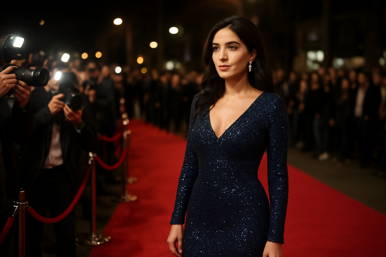 Photographie réaliste d’une actrice marocaine lors d’un tapis rouge à Casablanca, lumière de flash, tenue élégante, public en arrière-plan