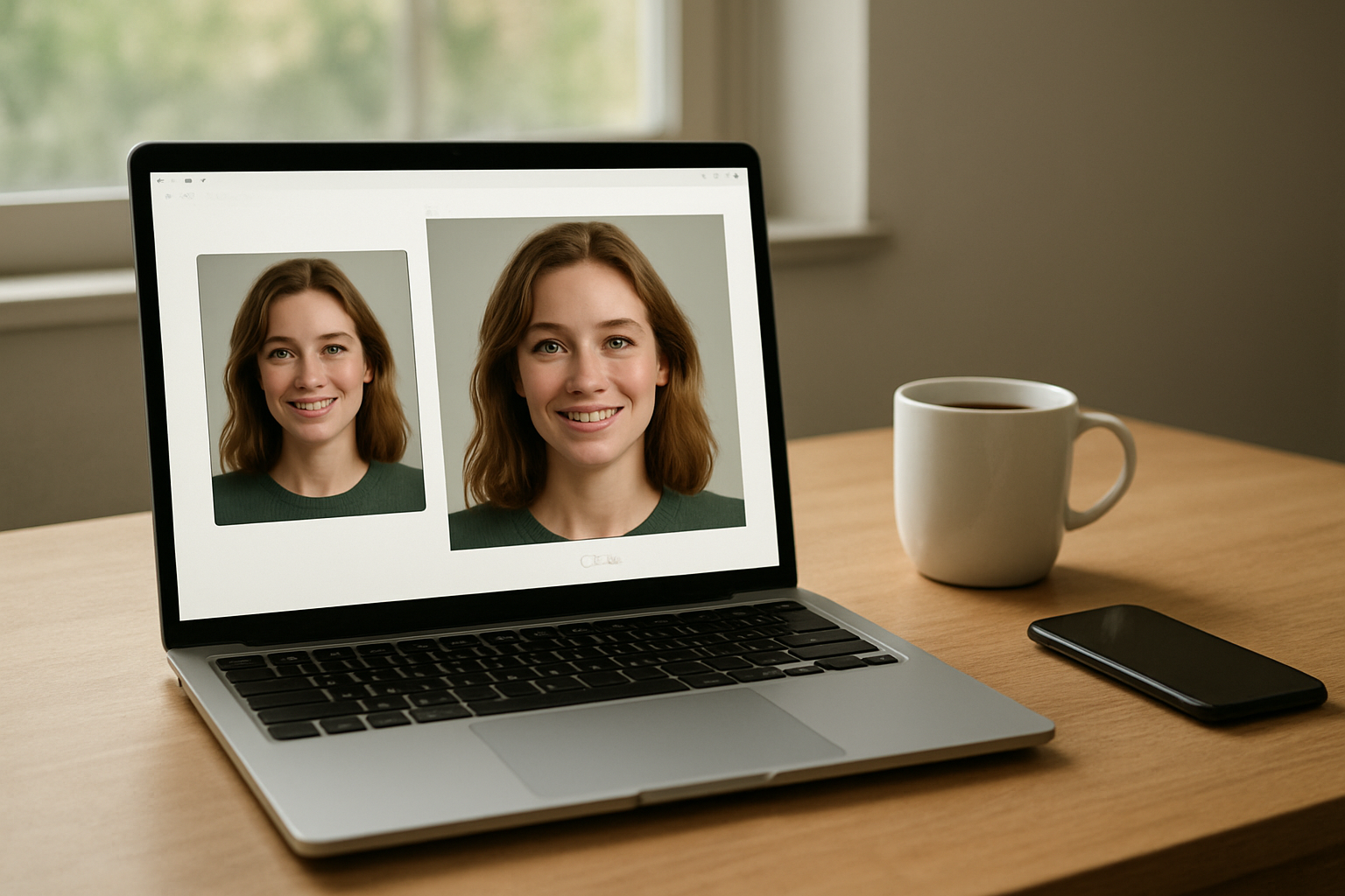 Photo réaliste d’un écran montrant un visage recadré puis agrandi avec un upscaler IA, lumière douce et interface de retouche