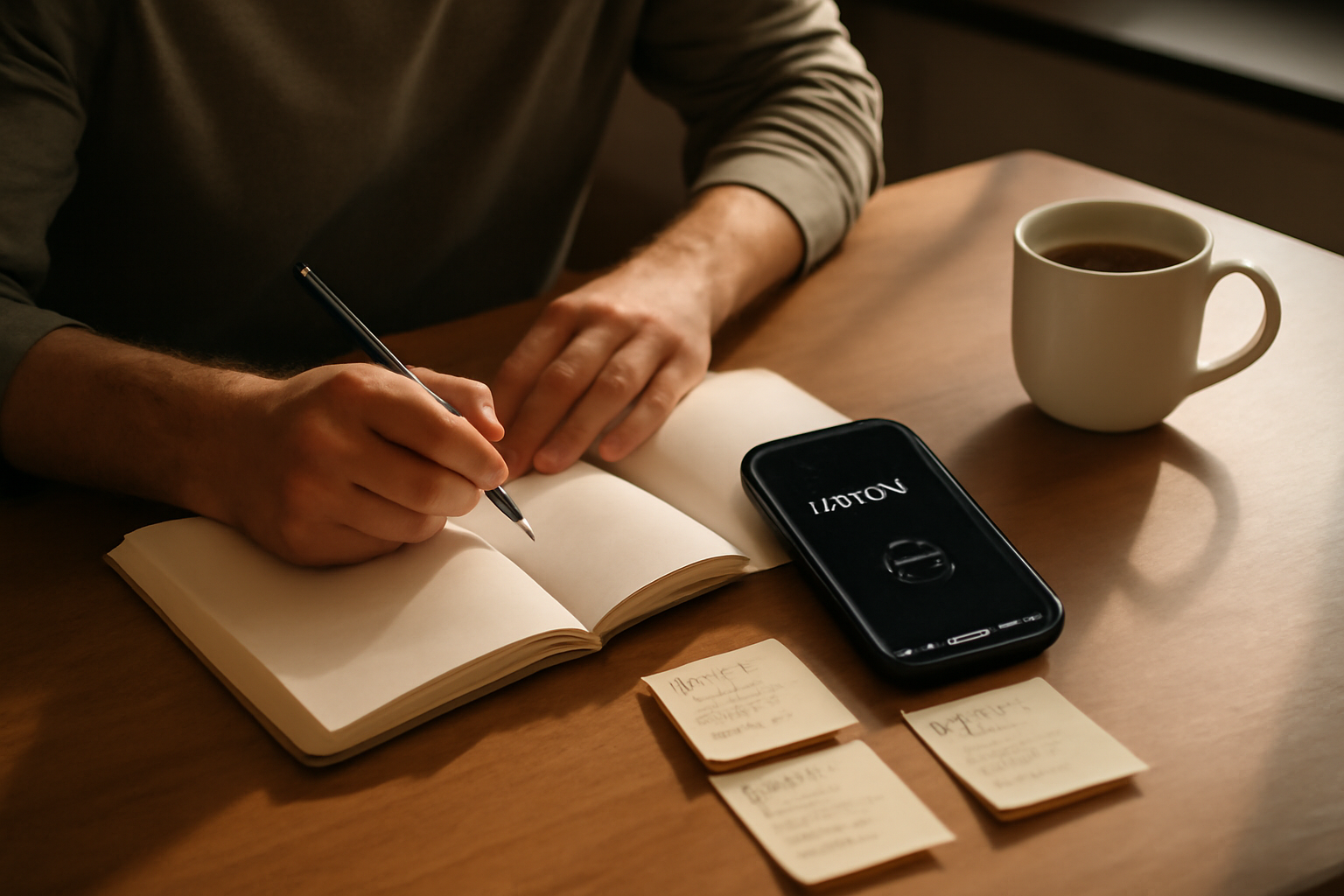 baby steps : une personne fait de petites actions régulières près d’un carnet et d’un smartphone