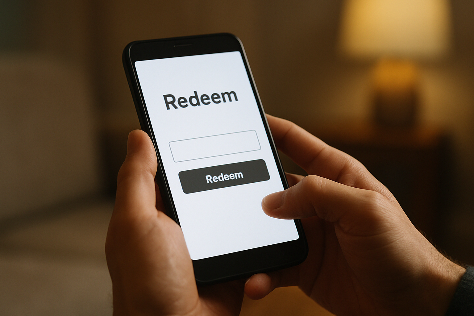 Menu Redeem/Échanger avec un champ de saisie de code dans un jeu mobile, ambiance écran de smartphone, lumière douce