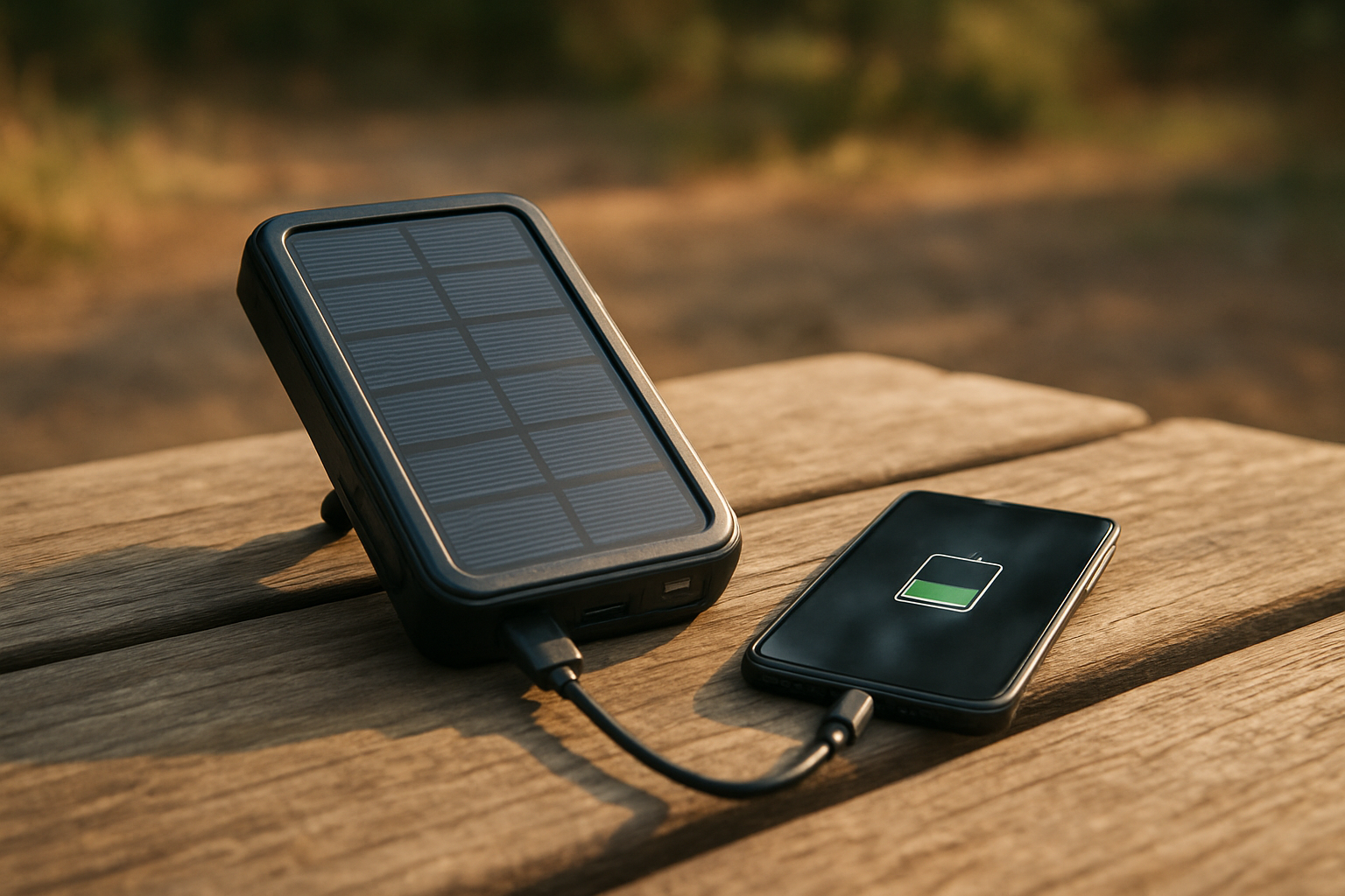 Batterie externe solaire avec panneau déployé et smartphone en charge sur un banc en extérieur, lumière de fin d’après-midi