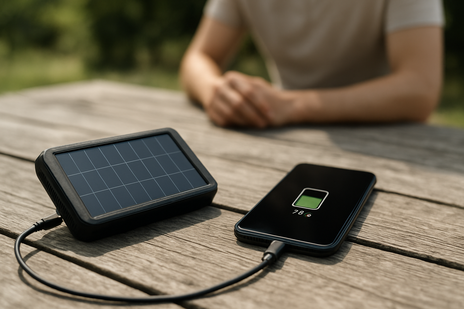 Test d’une batterie externe solaire : panneau orienté vers le soleil, indicateur de charge sur smartphone et câble USB-C