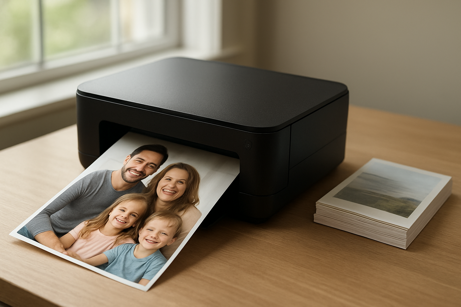 Canon imprimer photo sur bureau, tirages en cours de séchage près d’un portrait