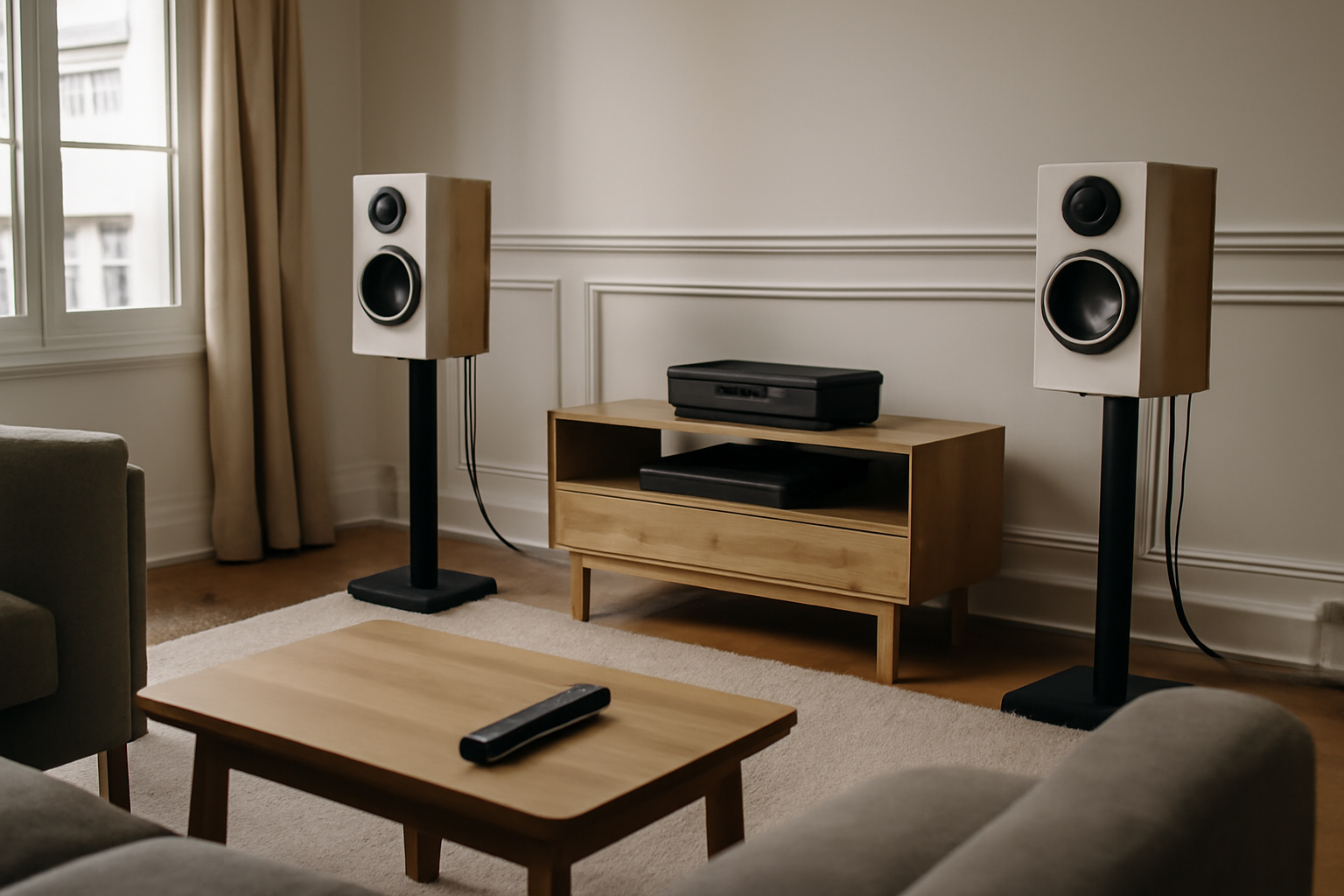 Installation hifi haut de gamme avec enceintes placées dans un salon lumineux, câbles proprement rangés