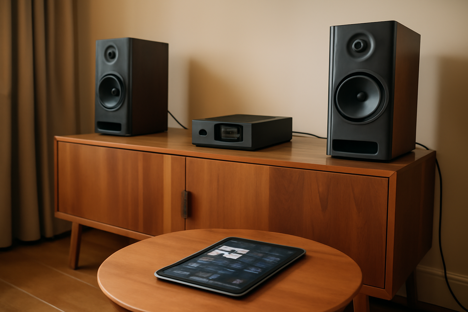 Comparatif de chaîne hifi haut de gamme : ampli streamer et enceintes posées sur un meuble en bois