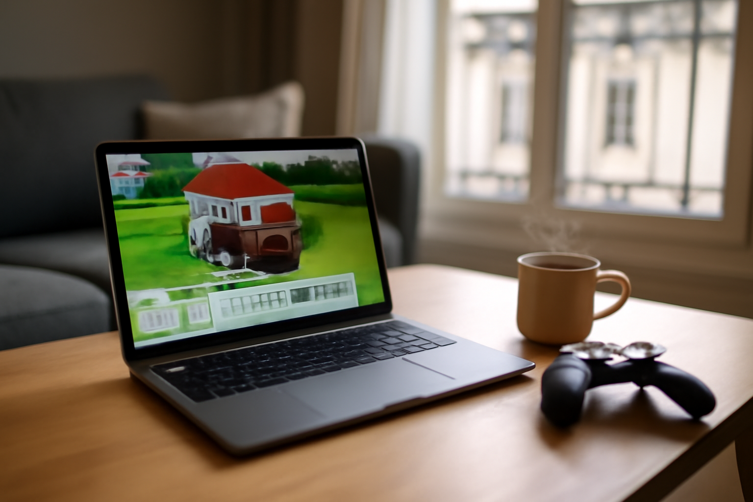 challenge sims 4 sur un ordinateur portable, une manette à côté et l’écran affichant un foyer de Les Sims 4 en lumière naturelle