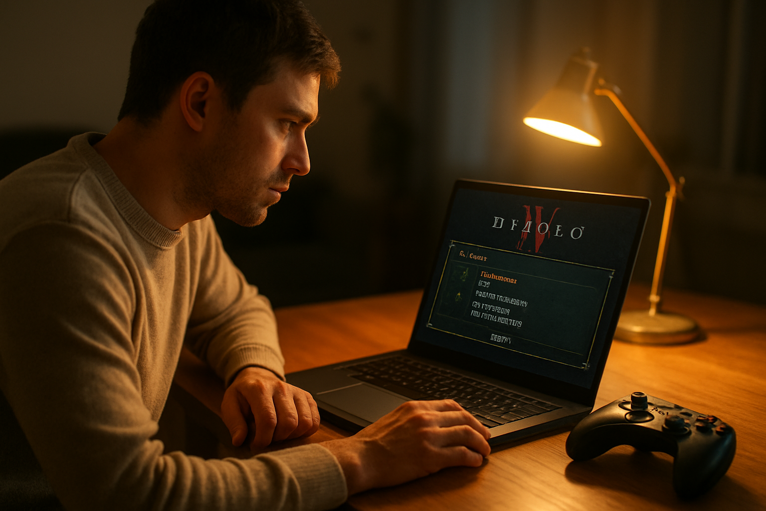 Acheteur consultant une annonce d’objet Diablo 4 sur un site de trading, écran affichant équipement et détails