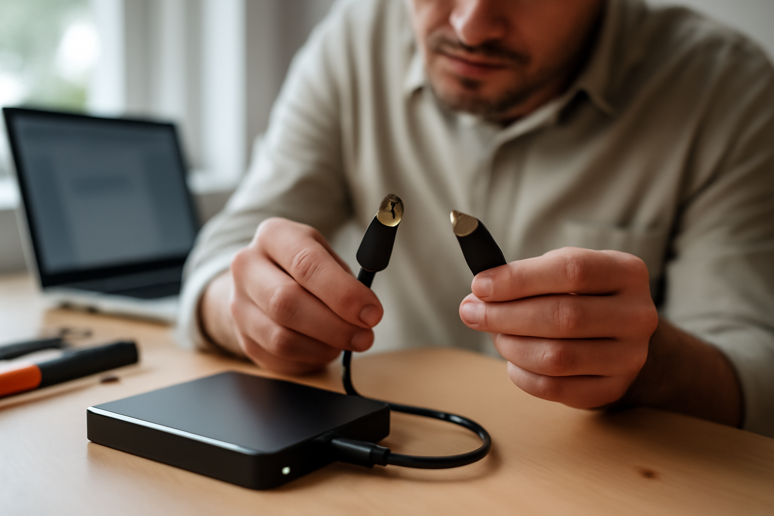 Technicien vérifiant un disque dur externe et les voyants d’alimentation sur un bureau, lumière naturelle