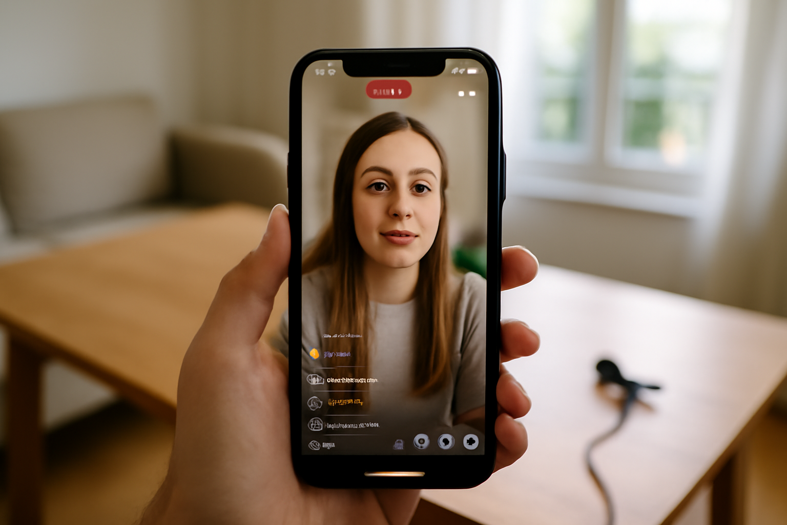 Faire un live insta sur smartphone en extérieur, lumière naturelle, micro et écouteurs visibles
