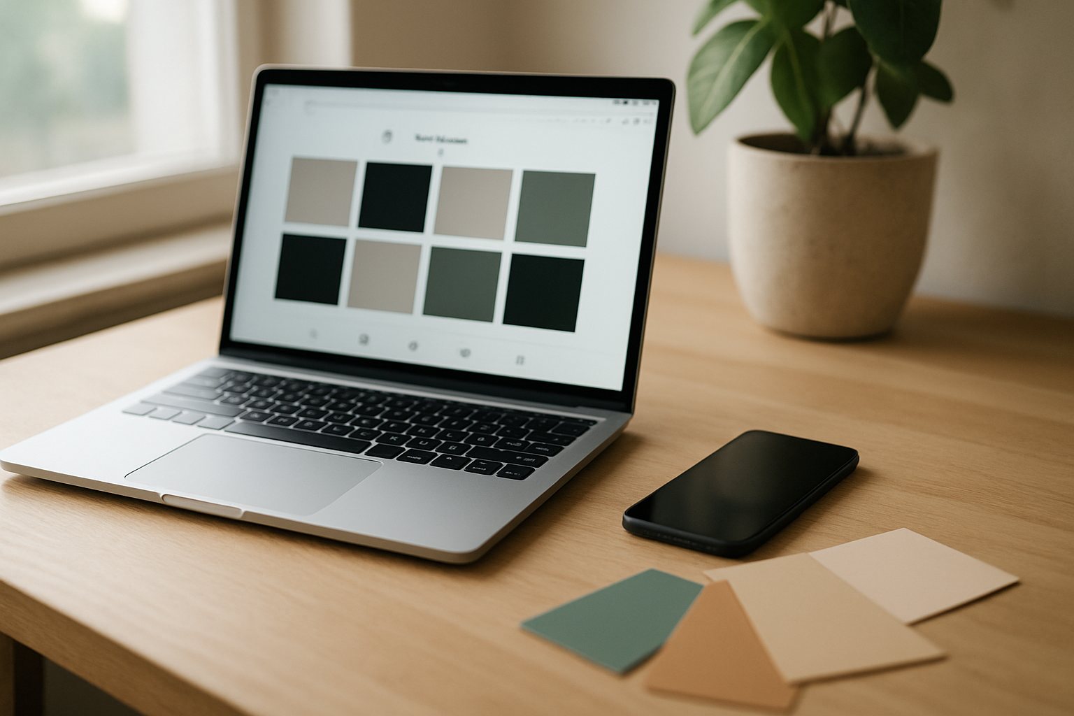 Grille Instagram harmonieuse sur écran, palette de couleurs et aperçu des publications