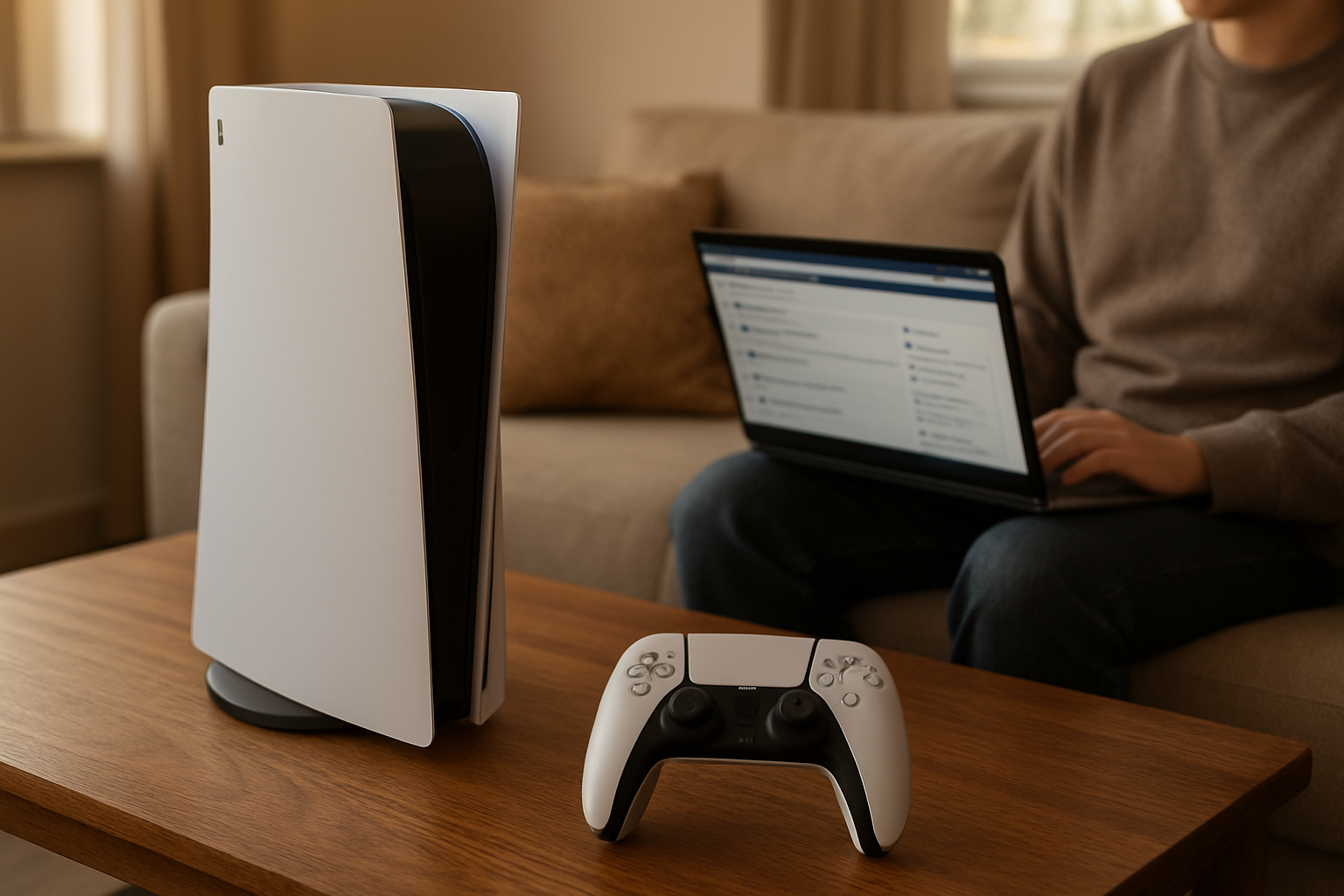 Personne consultant un forum sur un ordinateur pendant qu’une PlayStation 5 est allumée sur une table, lumière douce, photo réaliste