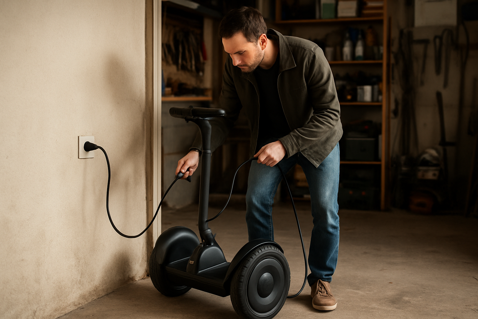 Un utilisateur recharge un Segway dans un garage, chargeur branché et batterie en place, lumière naturelle