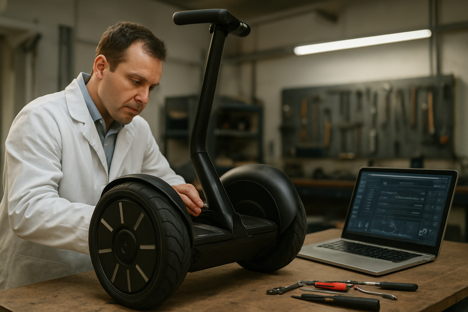 Technicien examinant un véhicule électrique auto-équilibré en atelier, diagnostic sur écran