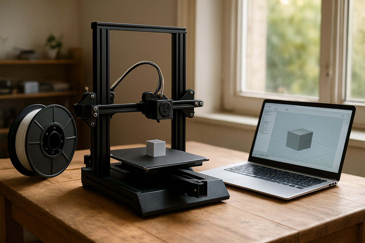 Imprimante 3D FDM débutant avec plateau chauffant et filament PLA sur un établi lumineux