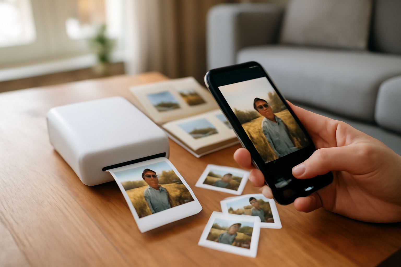 imprimante polaroid posée sur une table avec smartphone affichant une photo, lumière naturelle
