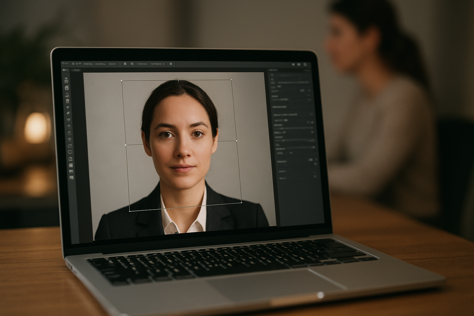 Workflow de retouche d’une photo de profil LinkedIn avec recadrage carré et ajustements d’exposition