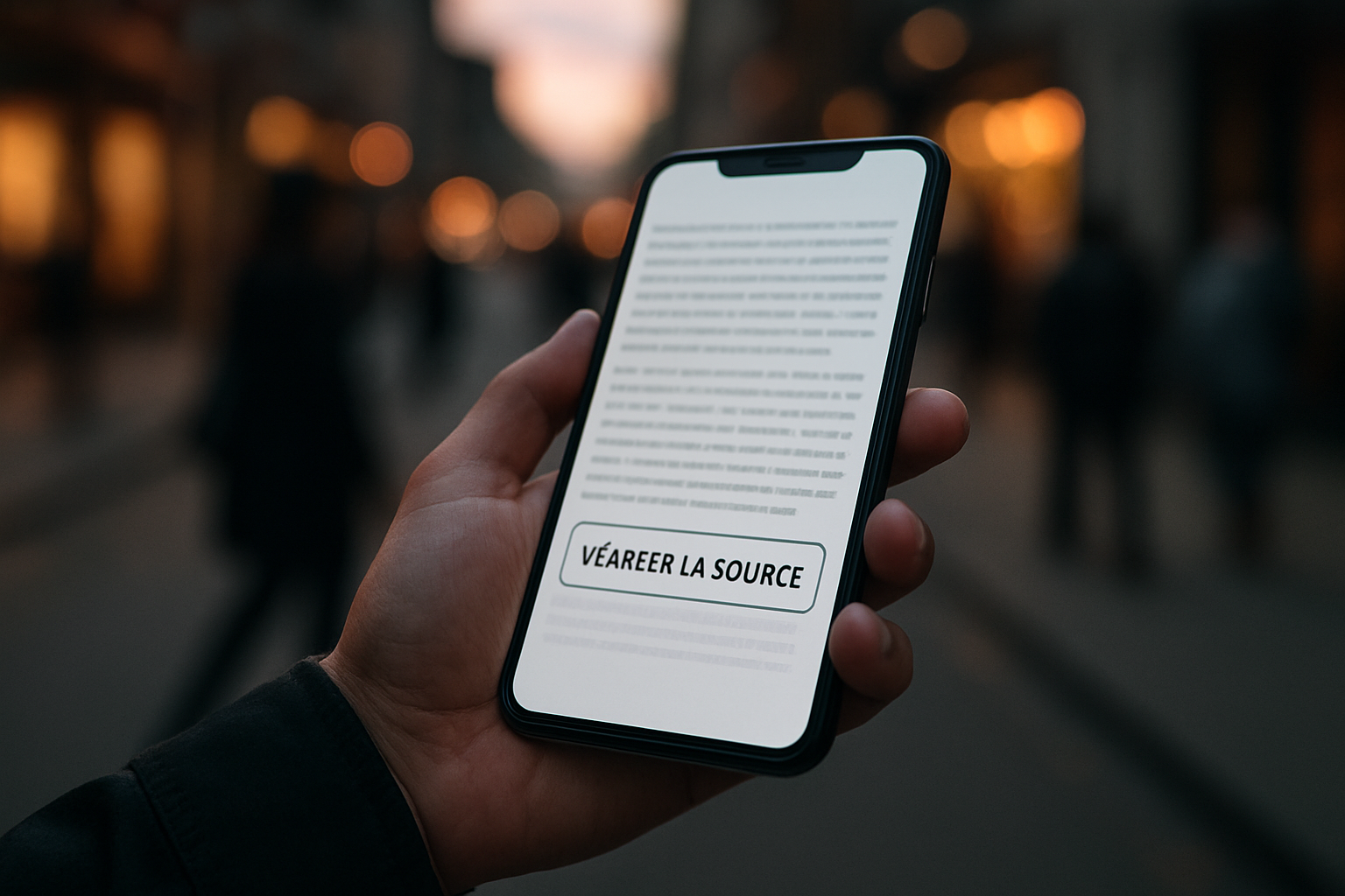 Écran de téléphone avec lecture prudente d’un contenu sensible et recherche de sources fiables