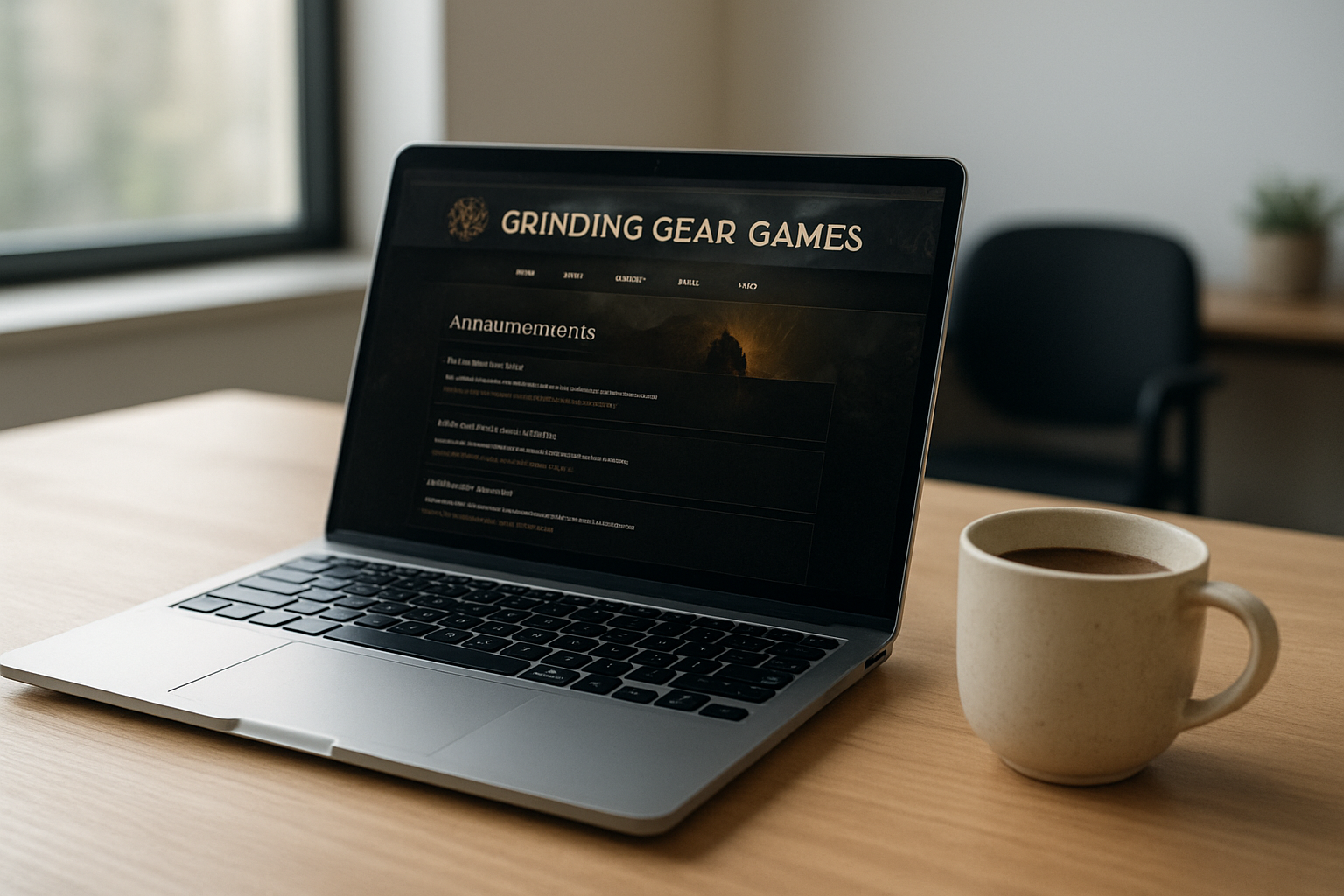 Page du site officiel de Grinding Gear Games affichant des annonces de Path of Exile 2 sur écran d’ordinateur, ambiance bureau, lumière naturelle