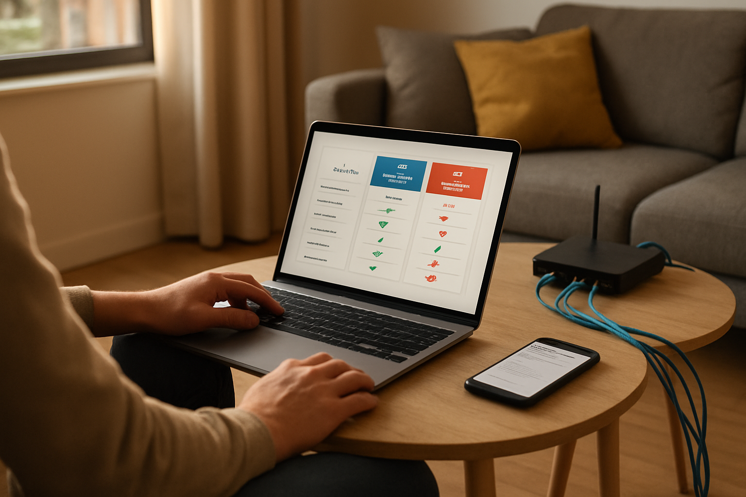Comparatif red box fibre et ADSL sur un ordinateur portable dans un salon lumineux