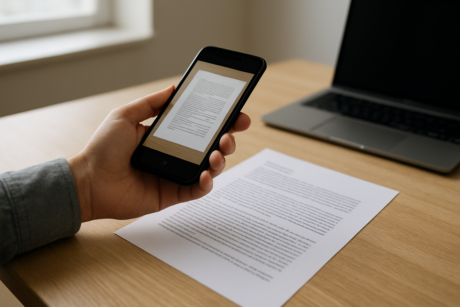 Personne scannant un document avec un smartphone en mode OCR, bureau lumineux